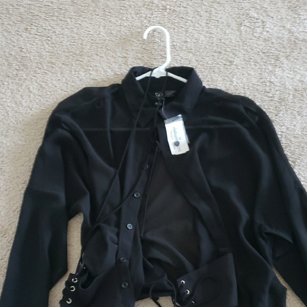 Black Sheer Button-Up Blouse With Small Corset Back